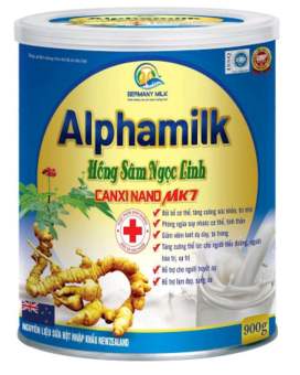 Sữa bột dinh dưỡng Hồng Sâm Ngọc Linh Alphamilk CANXI NANO MK7 [900gr/hộp] giúp  bồi bổ cơ thể, tăng sức đề kháng, ngăn ngừa loãng xương.HSD 2024