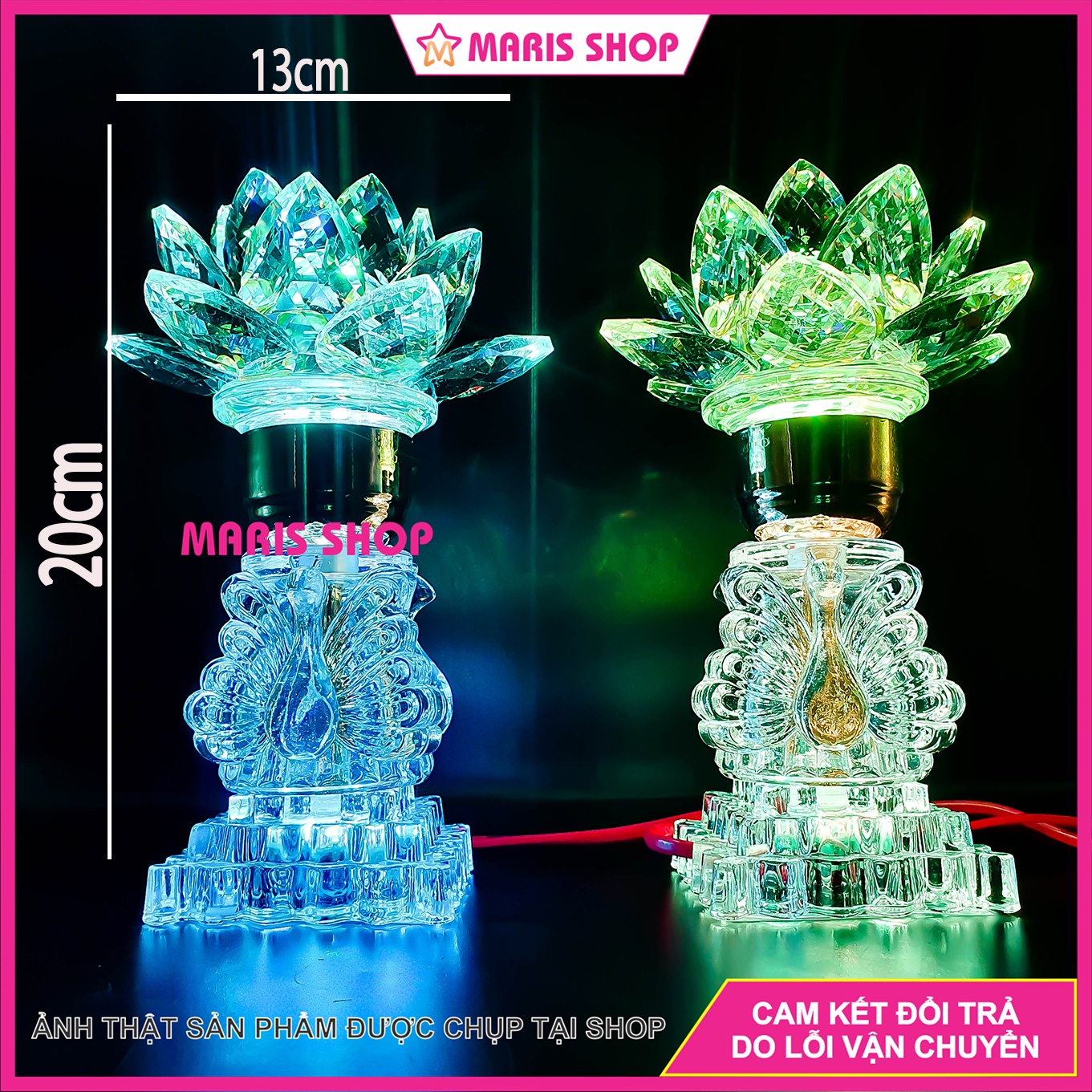 Bộ 2 Cây Đèn Bàn Thờ Sen Pha Lê, Đèn bàn Thờ Phật Cao Cấp Nguyên Khối
