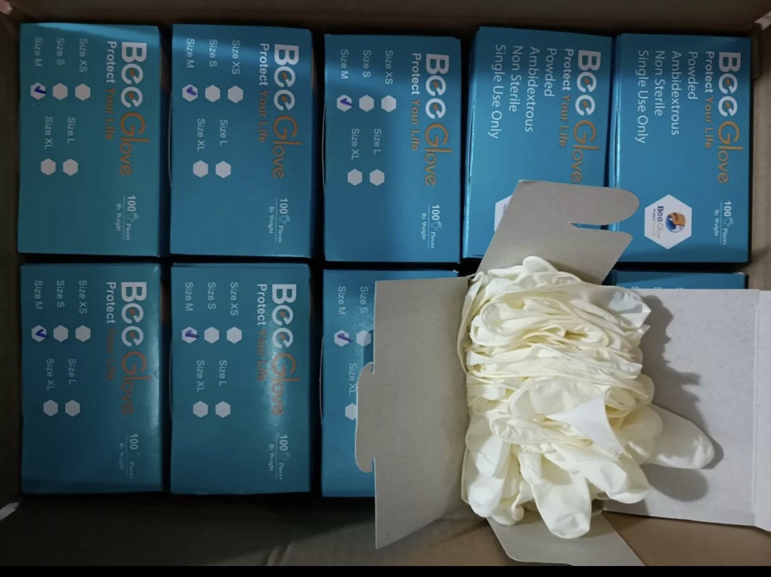 Găng tay cao su latex có bột/không bột bee glove, thùng 10 hộp, 100 chiếc/hộp, màu trắng kem