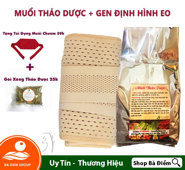Combo muối chườm bụng thảo dược và gen nịt bụng.