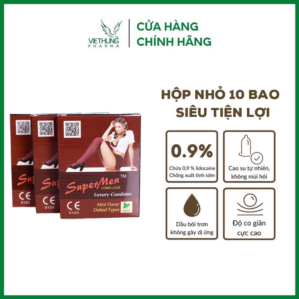 Bao cao su Supermen siêu mỏng, bcs chống xuất tinh sớm, hương bạc hà, hộp nhỏ 10 chiếc
