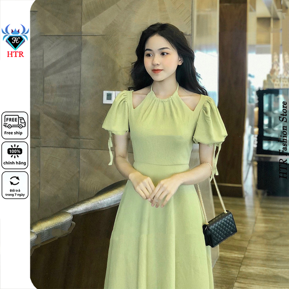 Đầm maxi dự tiệc đầm nữ dạo phố V-xanh-89 cổ yếm khoét vai nhẹ nhàng chất liệu cao cấp - HTR Fashion
