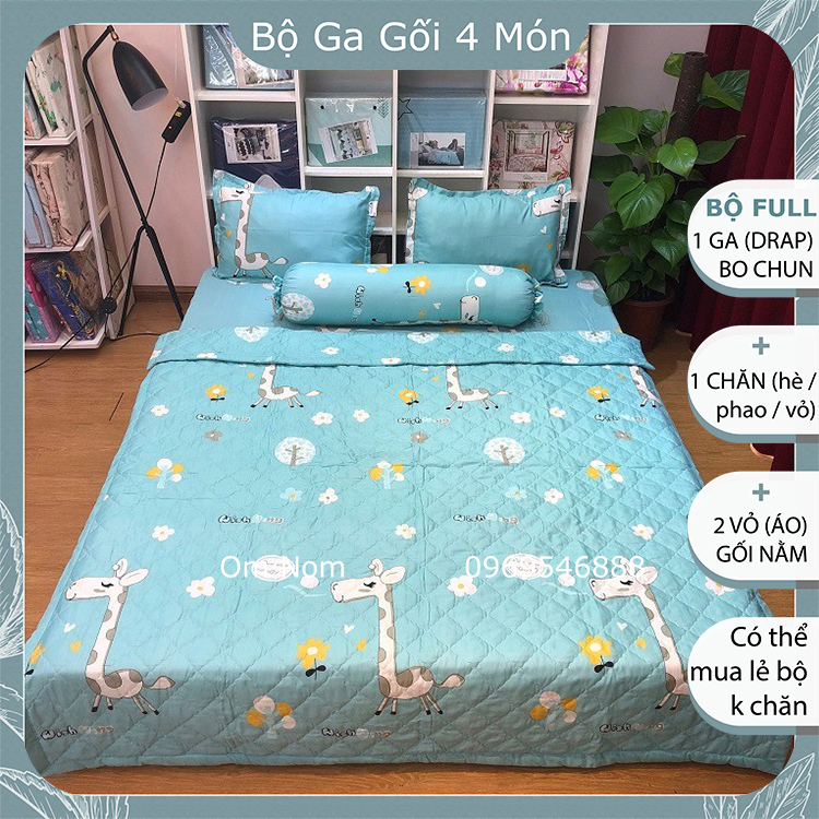 Bộ chăn ga gối đệm đẹp, cute chất Cotton Hàn Quốc, giá rẻ, BỘ 4 MÓN: 1 drap giường, 2 vỏ gối nằm, 1 chăn, họa tiết HƯƠU XANH NGỌC dễ thương