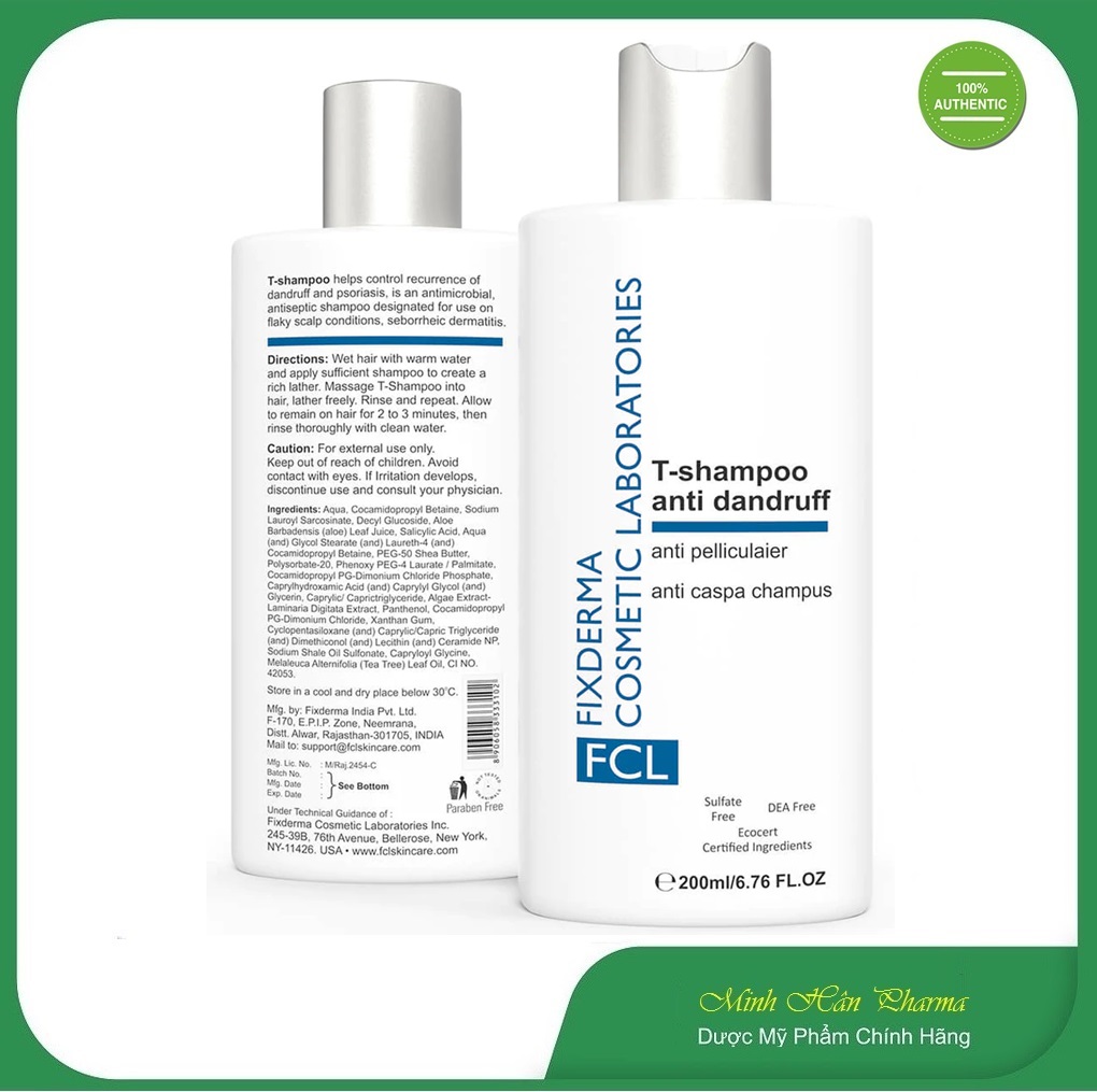 Fixderma FCL T-Shampoo – 200ml, Dầu gội sạch gàu, Nấm loại bỏ dầu cho da đầu, Giảm ngứa và giảm bong tróc da.
