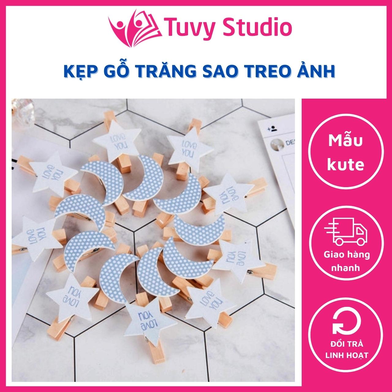 Kẹp gỗ treo ảnh gói 10 chiếc hình trăng sao cute kèm dây trang trí sinh nhật, phòng ngủ, phòng khách, treo ảnh cho con, kẹp giấy note tại Tú Vy Studio