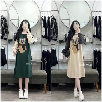 Váy suông dài tay form rộng in gấu, đầm suông dài tay bo cá tính