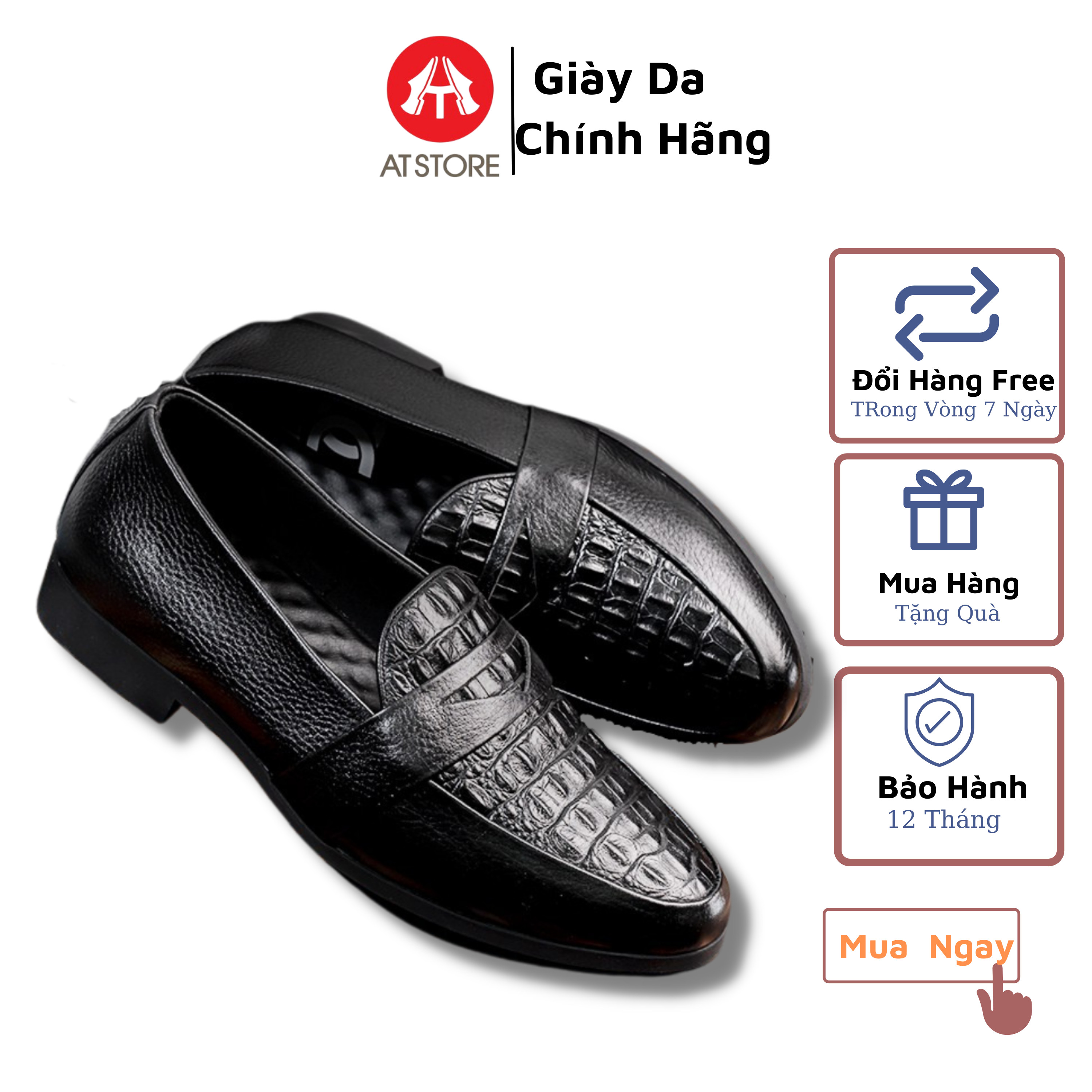 Giày lười da nam - Giày da nam công sở dập vân cá sấu - Đế cao su non cao 3cm