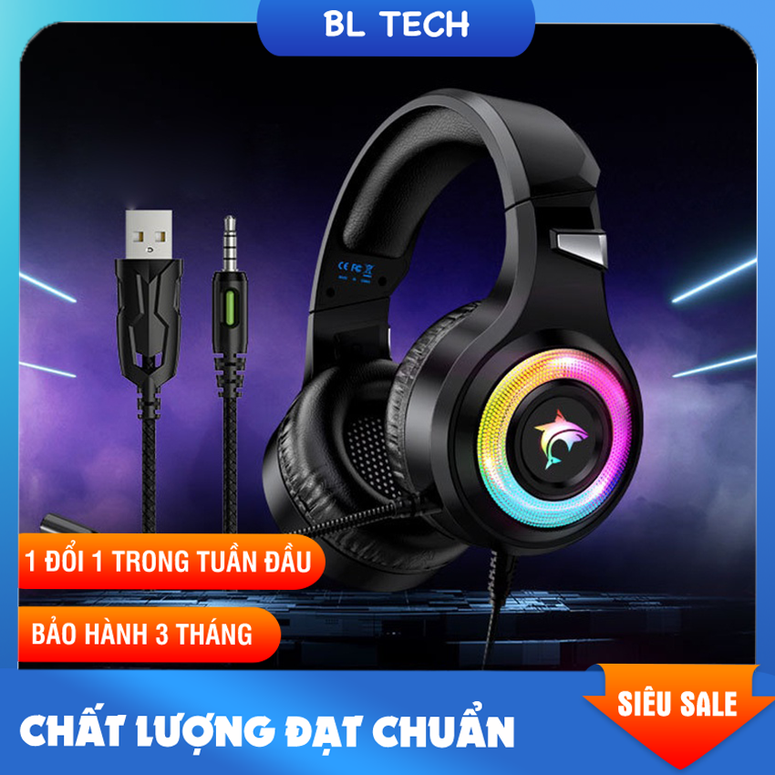 Tai nghe chụp tai gaming cá heo đèn LED đệm mút dày micro chống tiếng ồn âm thanh vòm siêu hay - BLzone