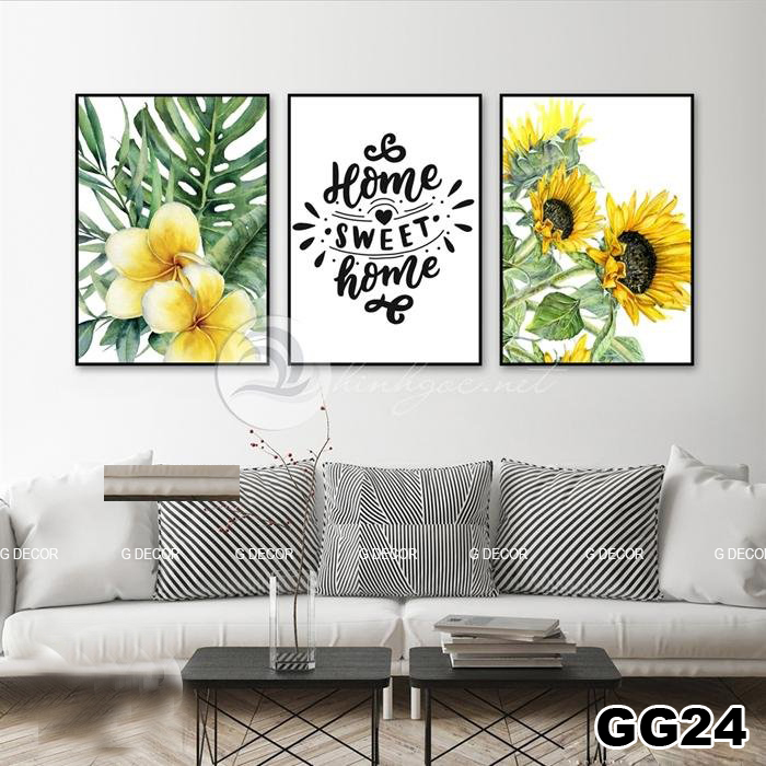 Tranh treo tường canvas 3 bức phong cách hiện đại Bắc Âu 20 tranh hoa hướng dương trang trí phòng kh