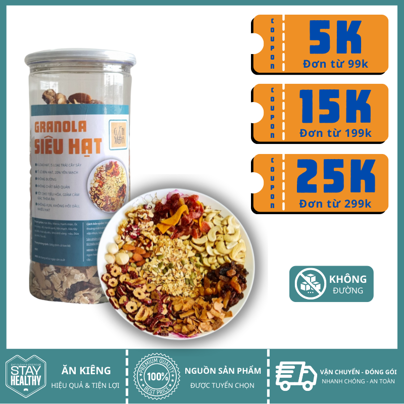 Granola siêu hạt 500gr mix trái cây sấy Gánh Xưa, ngũ cốc ăn kiêng giảm cân, ăn vặt healthy, không đường, 80% hạt, 20% yến mạch, eatclean, ăn thô, sử dụng cho bé và bà bầu, ăn vặt văn phòng, ăn sáng tiện lợi, giao hàng nhanh