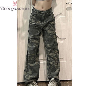 Đầm Nữ Ngoại Cỡ Quần Bò Cạp Cao Rằn Ri Kiểu Mỹ Quần Ống Rộng Dáng Quả Lê Dáng Suông Thiết Kế Cho Nữ Mùa Thu