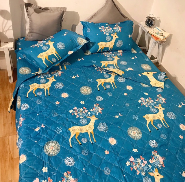 Bộ chăn ga cotton hàn quốc mẫu nai xanh - Phụ kiện giường ngủ - Chăn mền - Bộ ga giường