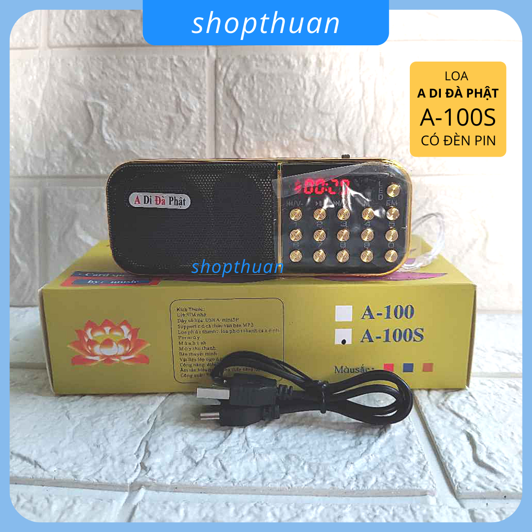 Loa a di đà phật a-100s 1 pin sạc có đèn pin, nghe thẻ nhớ usb 2.0, fm radio - có jack cắm tai nghe 3.5mm