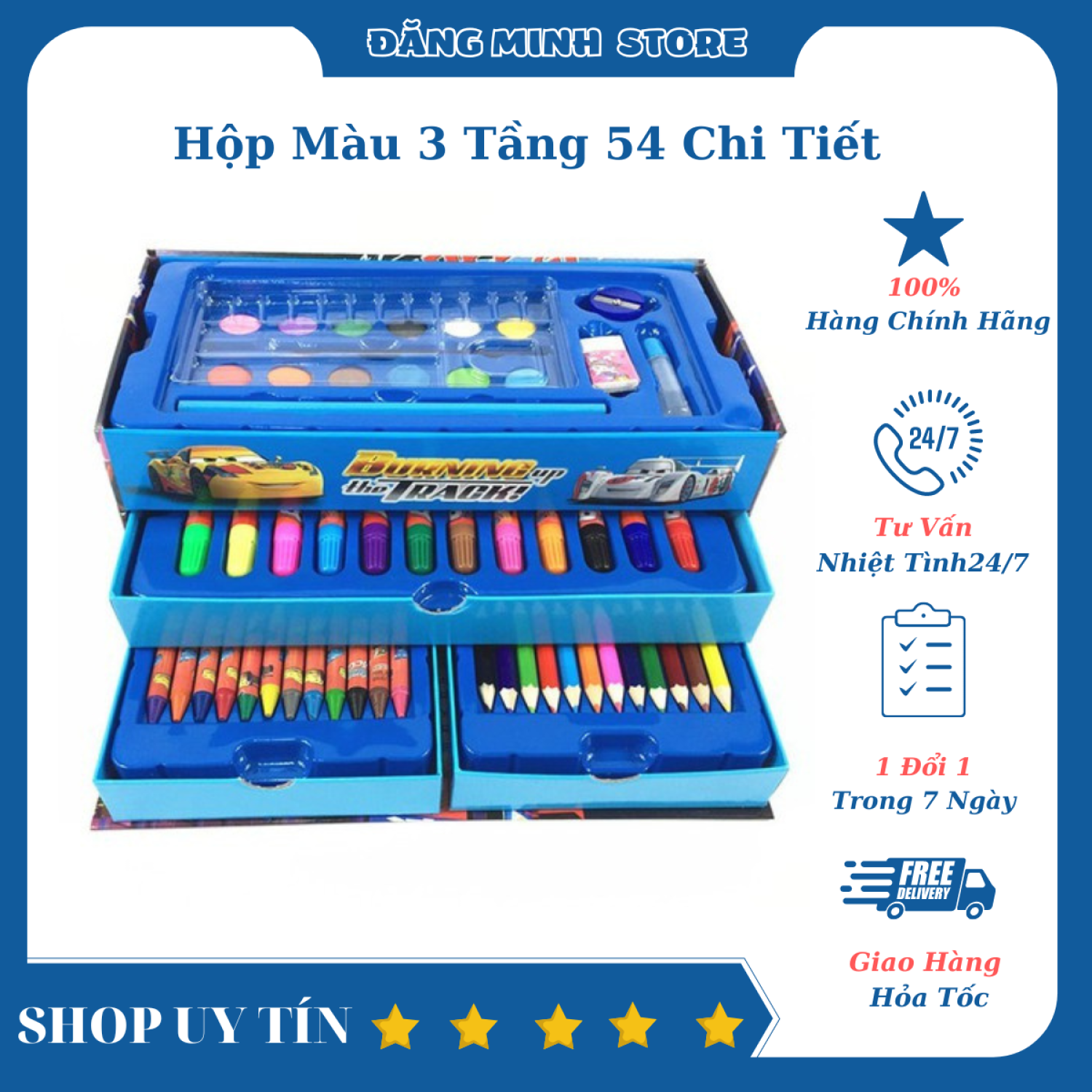 Bộ hộp màu 3 tầng 4 ngăn 54 món cho bé trai và bé gái màu hồng, màu xanh họa tiết hình nhân vật hoạt hình cho bé vẽ tranh