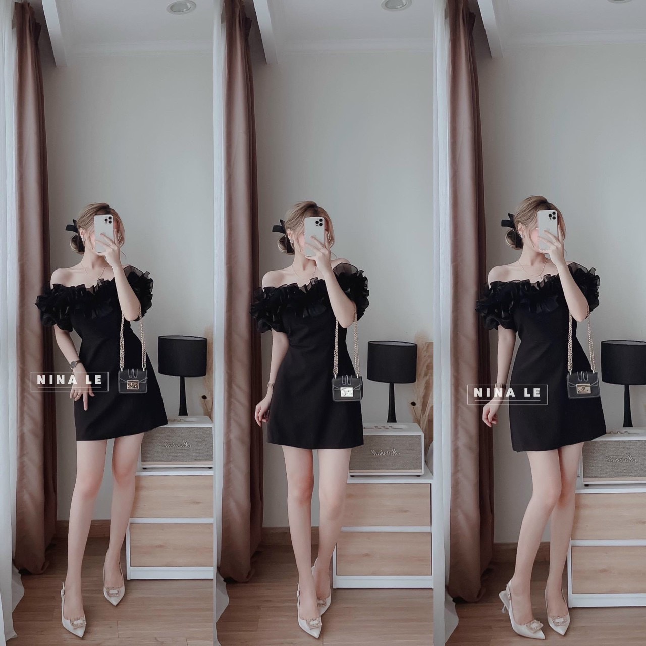Đầm umi đen trễ vai tầng bèo voan có mút mặc lên tôn vòng 1 siêu đỉnh sang trọng