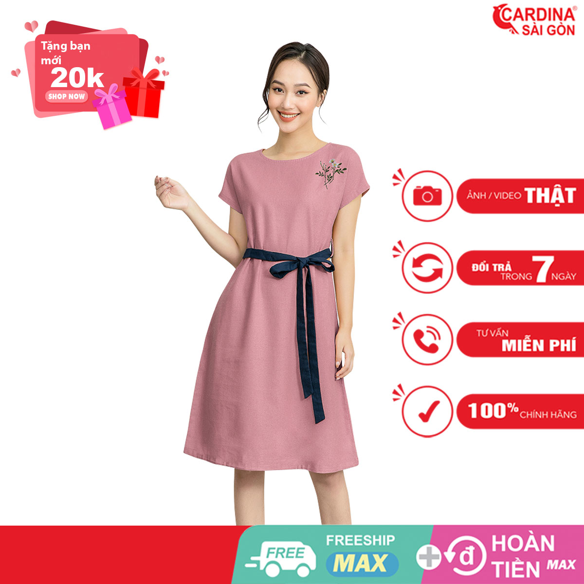 Đầm Cardina Sài Gòn chất liệu linen cao cấp suông dài qua gối có dây eo rời mã LI05