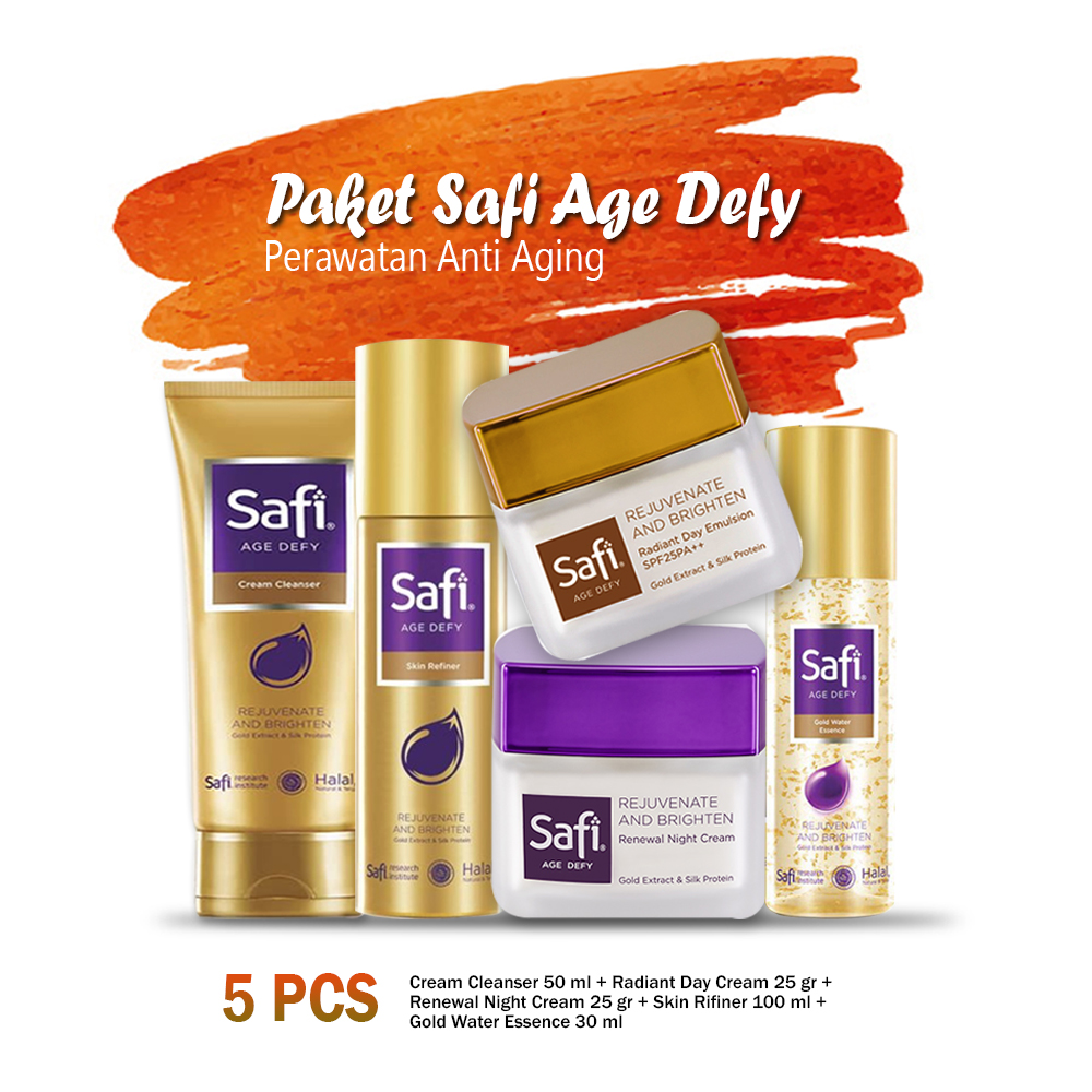 Paket Safi Age Defy 5 pcs (Cream Cleanser 50 /100 ml + Day Cream 25 gr + Night Cream 25 gr + Skin Refiner 100 ml + Gold Water Essence 50 ml)