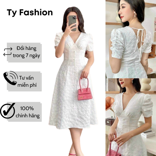 Đầm trắng cổ v gấm xốp nút ngọc tyfashion đi tiệc đi chơi