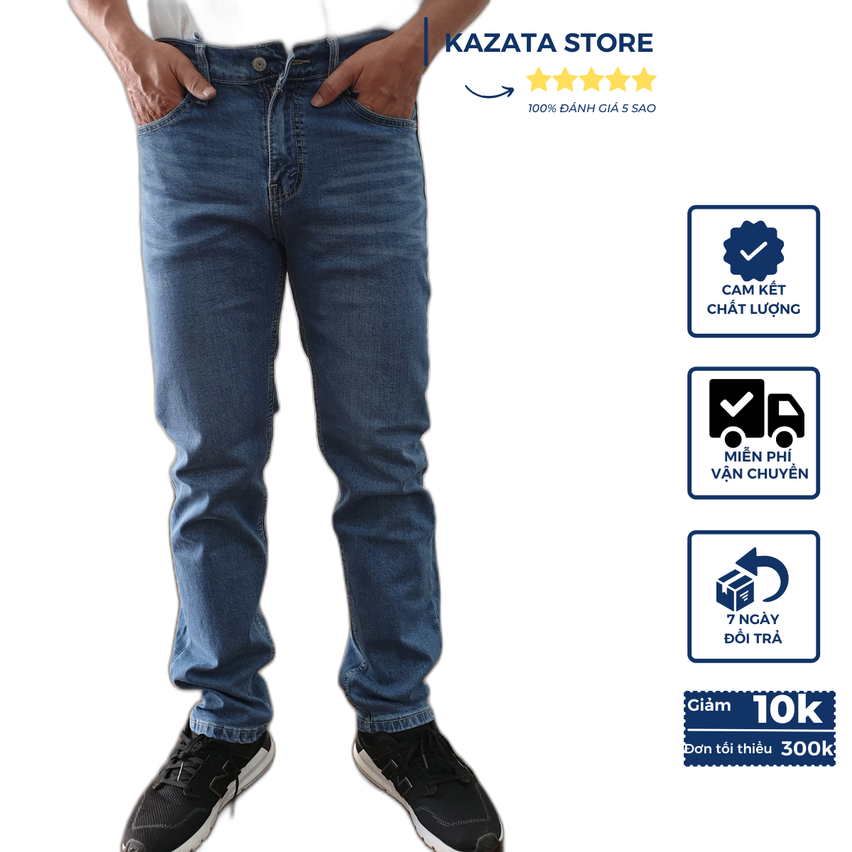 Quần jeans nam Kazata co giãn hàng VNXK màu xanh trung form slimfit