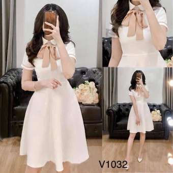 Váy Đầm nữ xòe dự tiệc kèm nơ cổ thanh lịch - Đầm trắng TOMB