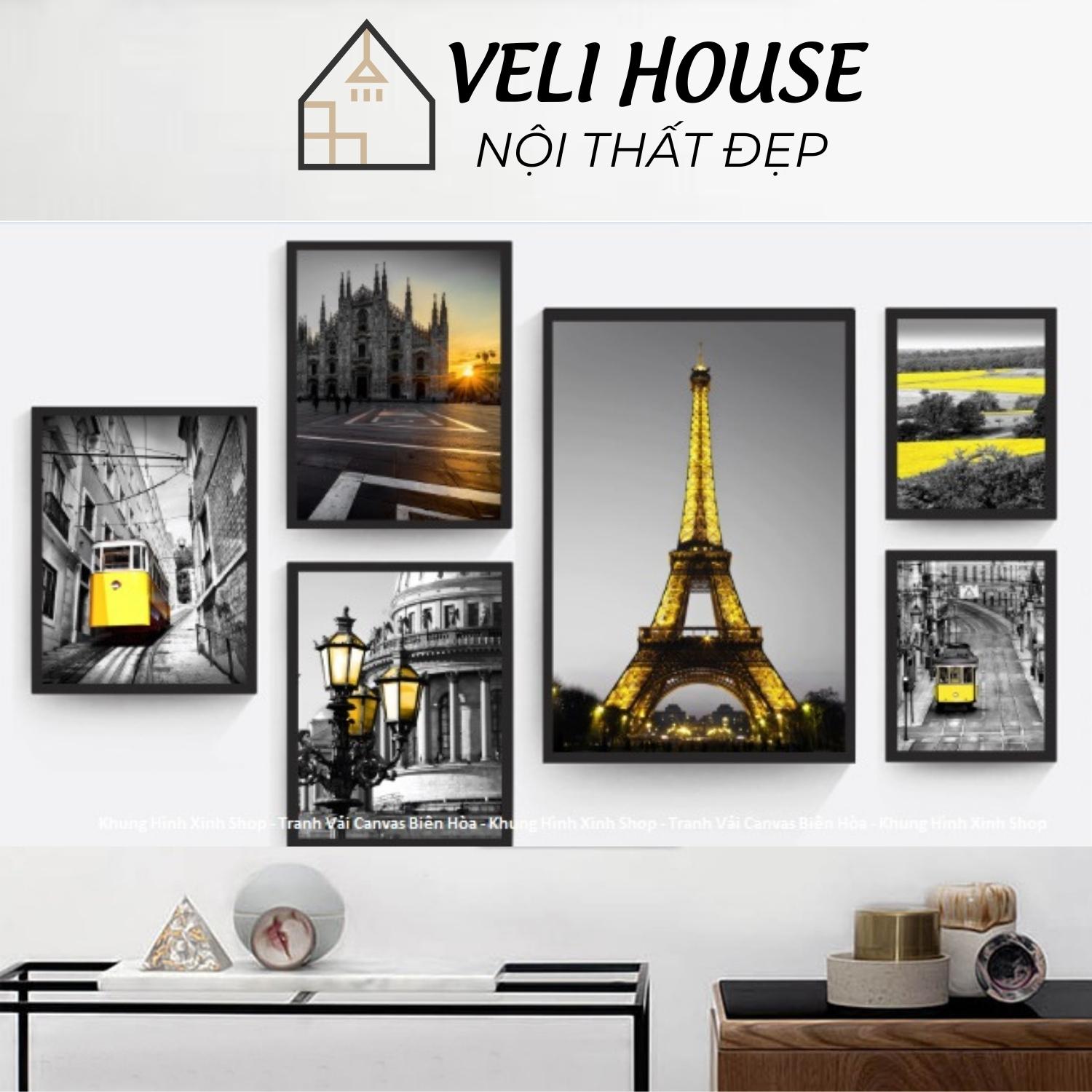 Bộ 6 tranh vải canvas treo tường bắc âu kcv74 - Paris vàng đen - Kèm khung - Veli house