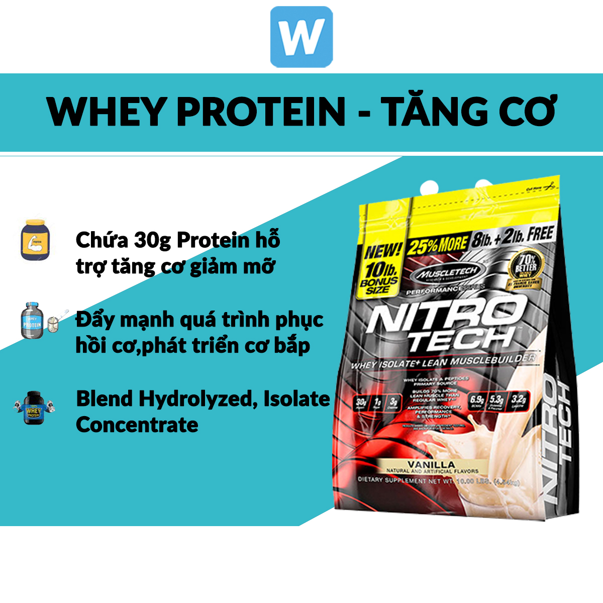 Sữa tăng cơ NitroTech 10 Lbs - Whey Protein Isolate - Whey Isolate