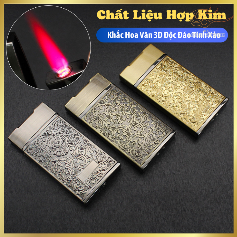 Bật Lửa-Hộp Quẹt BD-279 Xài Gas Lửa Khò Chống Gió Khắc Hoa Văn 2 Mặt Thân Kim Loại (Không Gas)