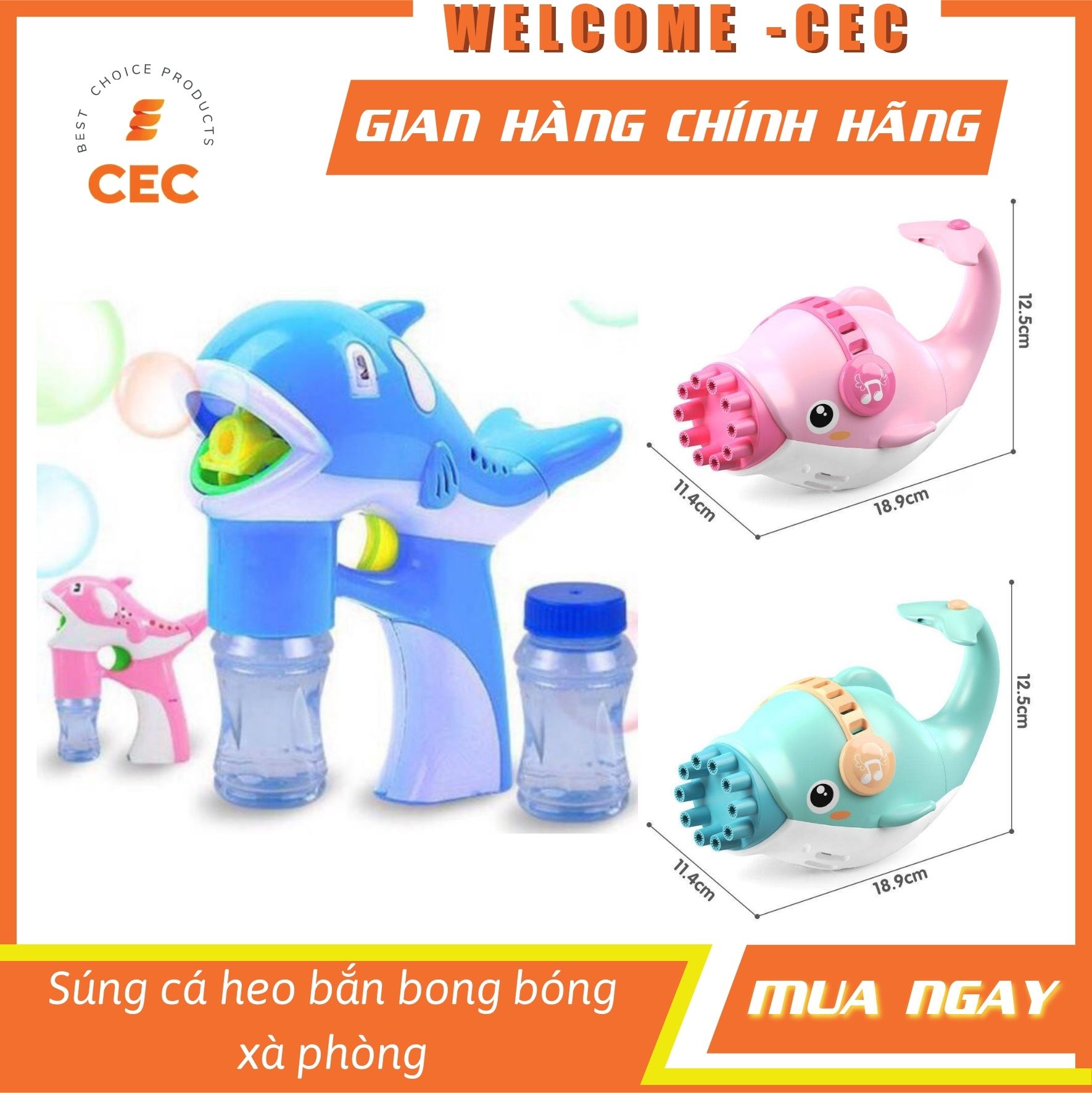 [Freeship] Cá heo bắn bong bóng - Đồ chơi súng bắn bóng cá heo 10 nòng CH02 [CEC Store]
