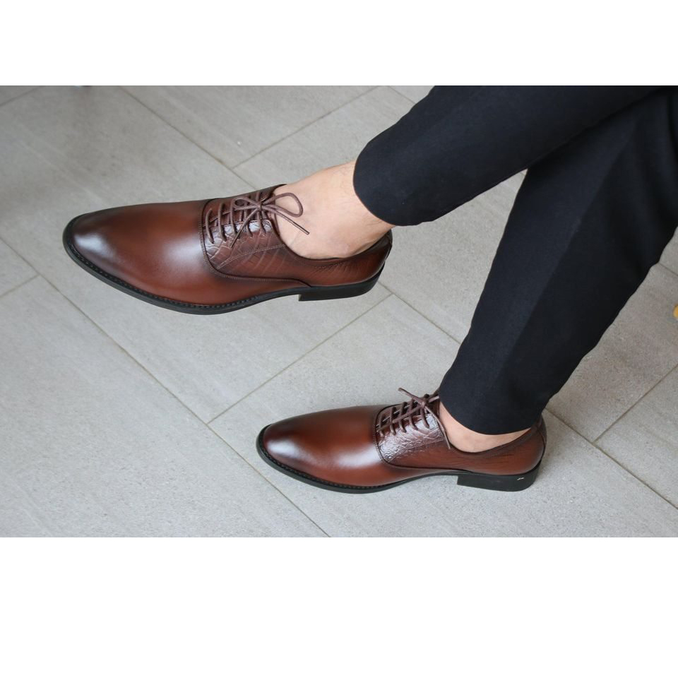 Giày Tây Nam da bò Oxford Shoes đẹp Mẫu mới nhất 2021 Giày buộc dây Công sở da bò mũi ngắn bo tròn Cao Cấp giày phù hợp quần âu và quần bò Jean phong cách Italia  hàng hiệu giá rẻ B-19 màu nâu hạt rẻ