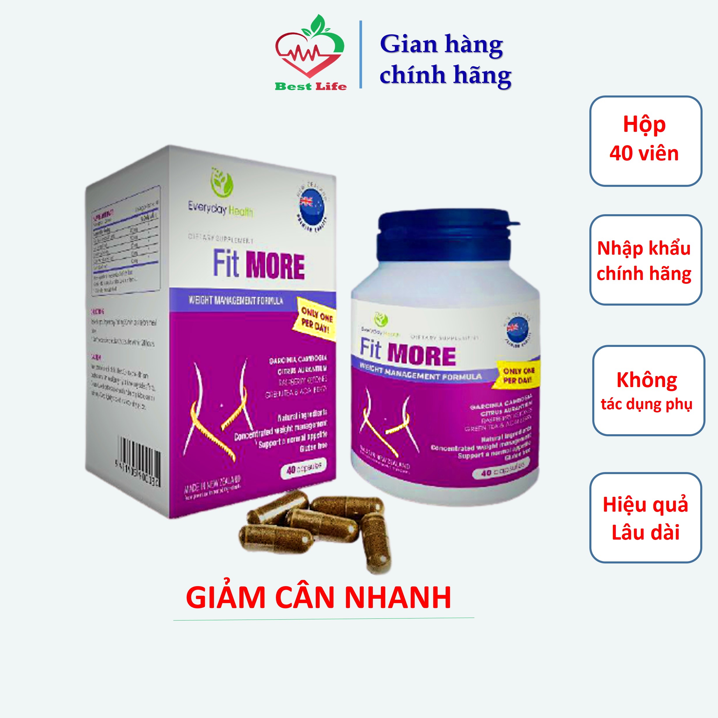 Viên uống giảm cân Everyday Health Fit MORE Hỗ trợ giảm cân nhanh hiệu quả không gây tác dụng phụ hộp 40 viên