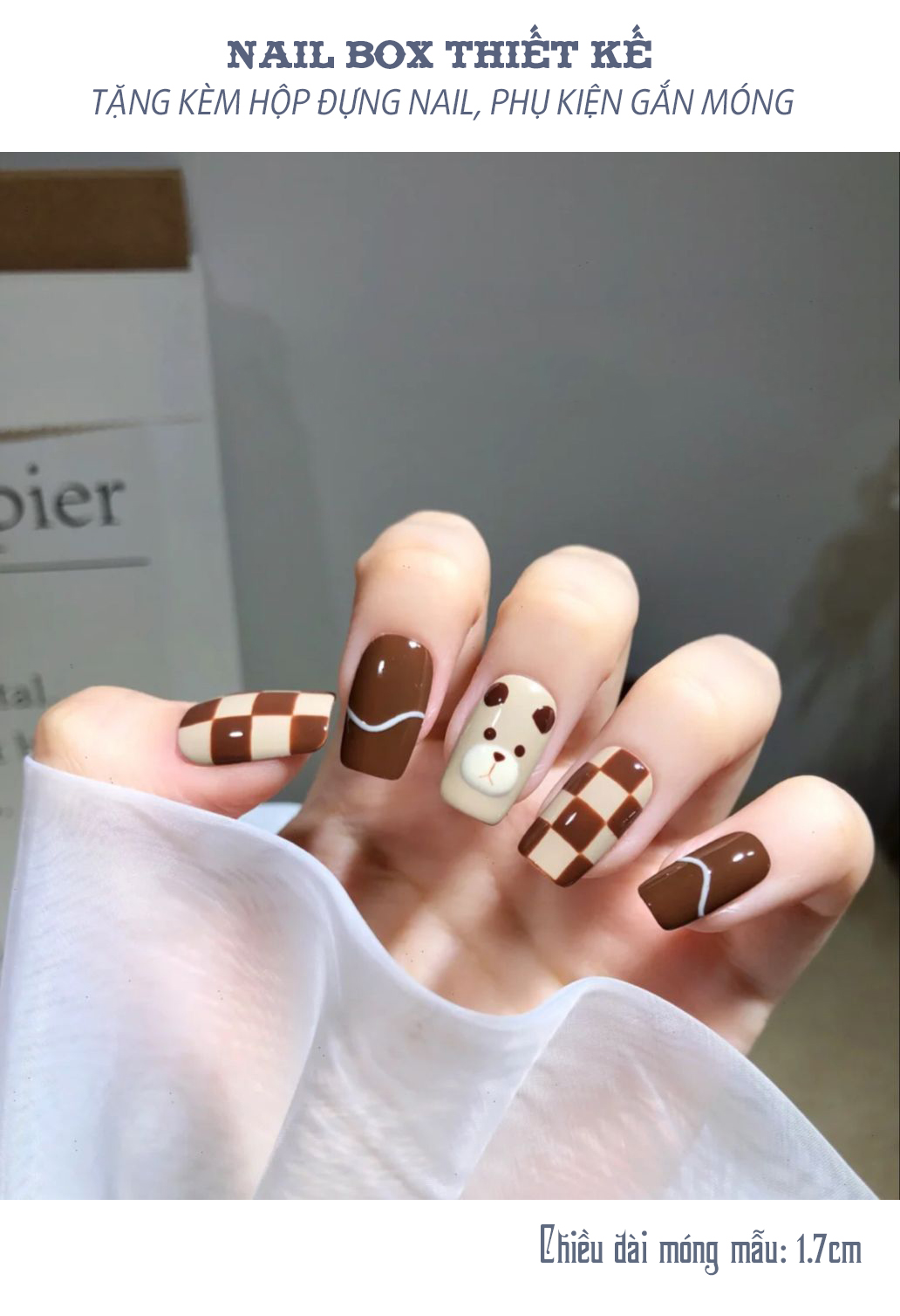 Nailbox móng úp thiết kế màu nâu họa tiết gấu dễ thương N35