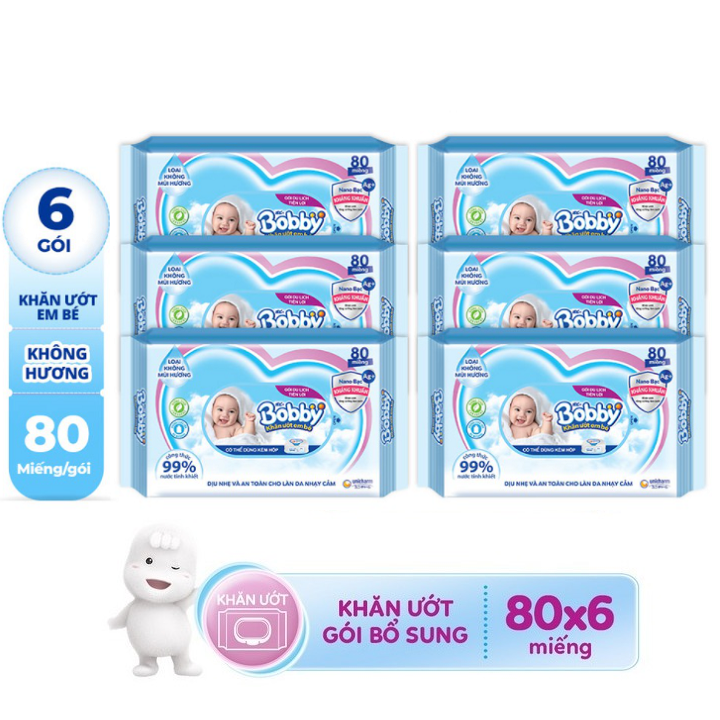 Combo tiết kiệm: 6 gói khăn ướt bobby care bổ sung 80 miếng/gói