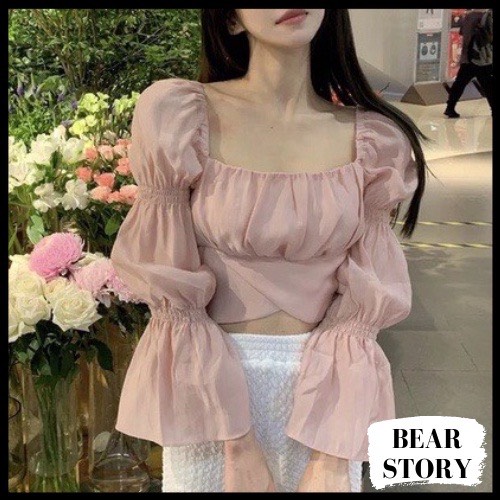 Áo Croptop Cổ Vuông Nhún Tay Nơ Lưng Bánh Bèo Xinh Xắn 🎀 AK0059 | bear.story