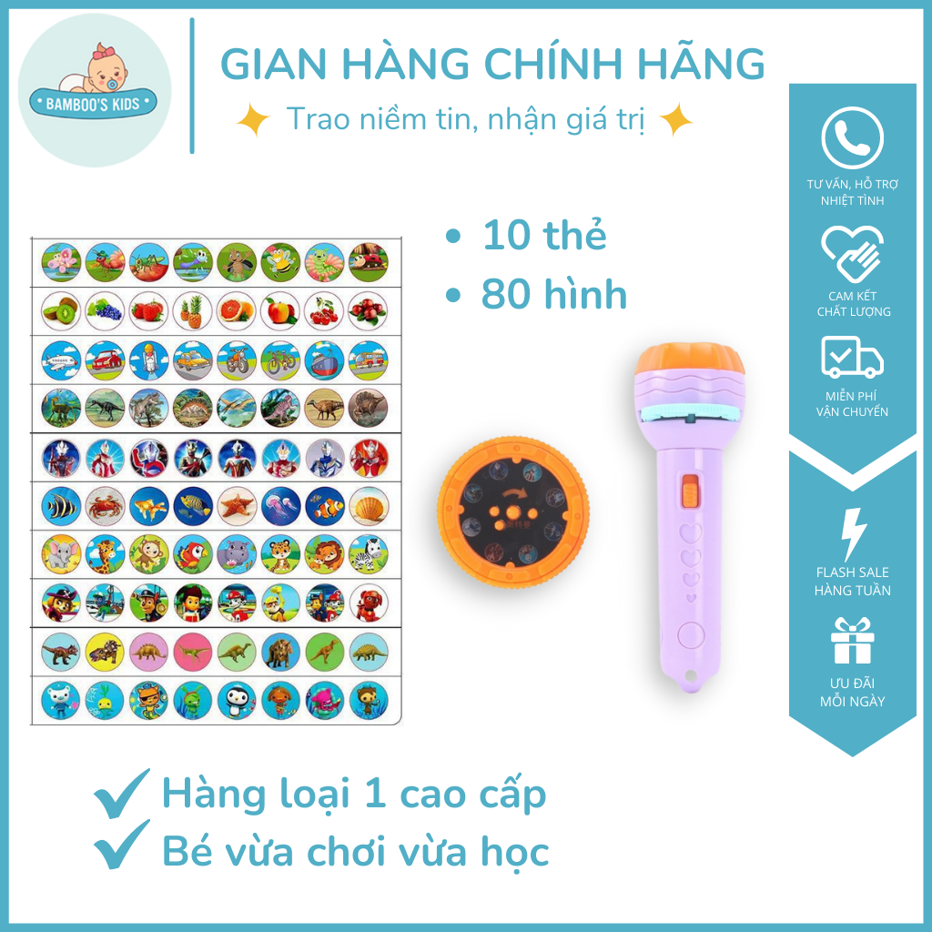 Đèn pin chiếu hình cho bé - 10 thẻ 80 hình, Máy chiếu giúp bé khám phá thế giới muôn màu, Đồ chơi giải tỏa căng thẳng cho bé, Đồ chơi thông minh, Đồ chơi chiếu hình 3d ngộ nghĩnh - Bamboo's kids