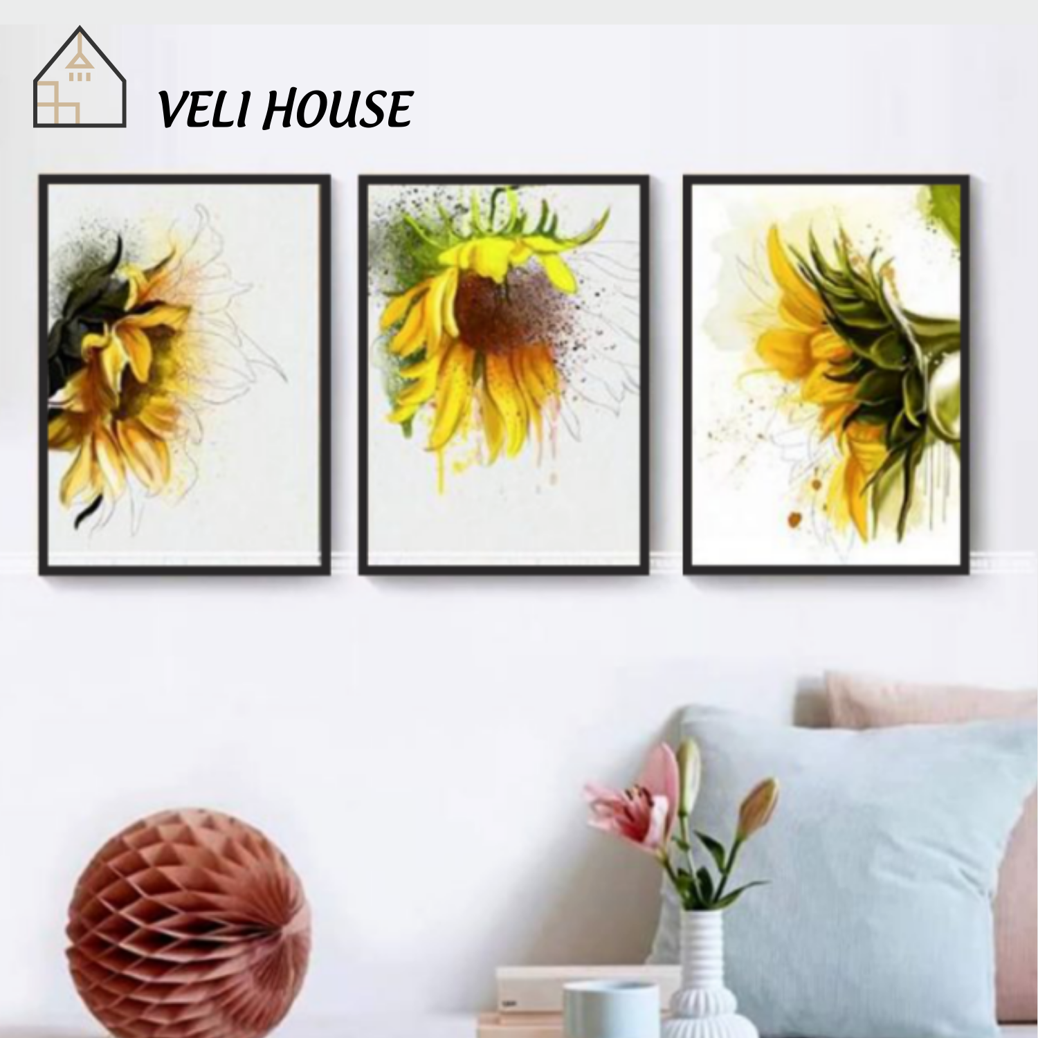 Bộ 3 tranh vải canvas trang trí tường kcv31 - Hoa hướng dương - Kèm khung - 3 bức 30x42 cm - Veli hous