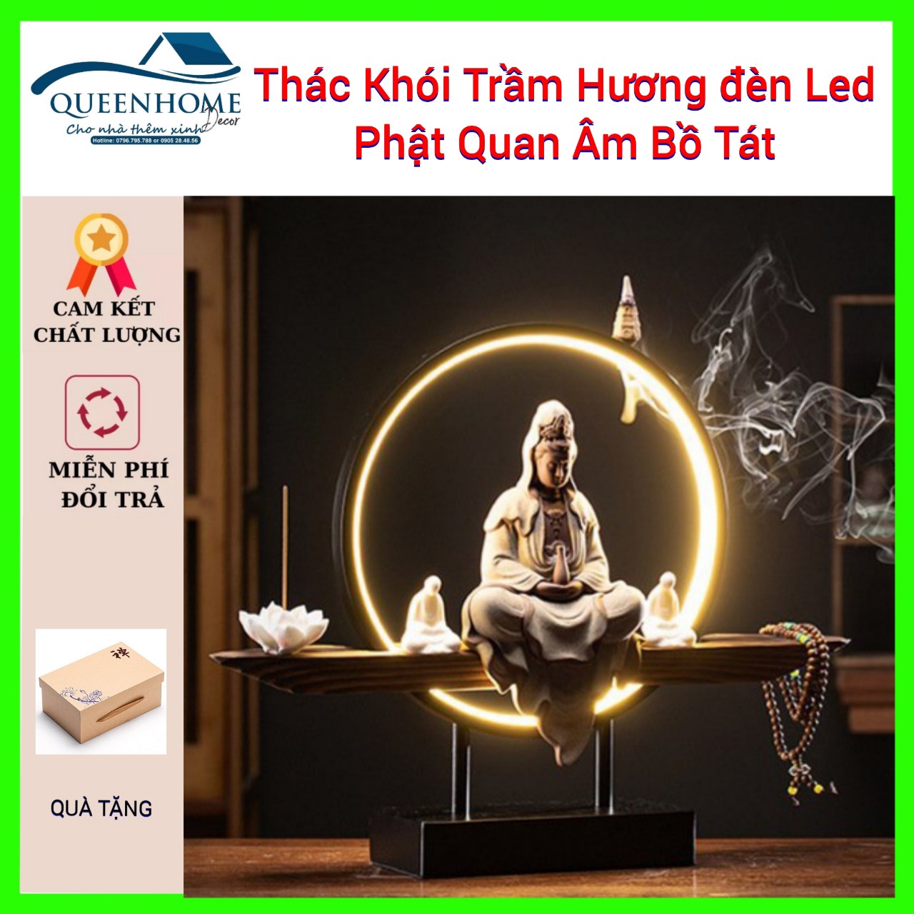 Thác khói xông trầm đèn led zen phật quan âm "tượng lớn loại 1" - thác khói trầm hương phong thủy