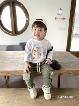 Bộ thu đông dài tay áo cotton quần túi hộp sành điệu, bộ bé trai áo cotton quần dài áo dài cho bé Bernie