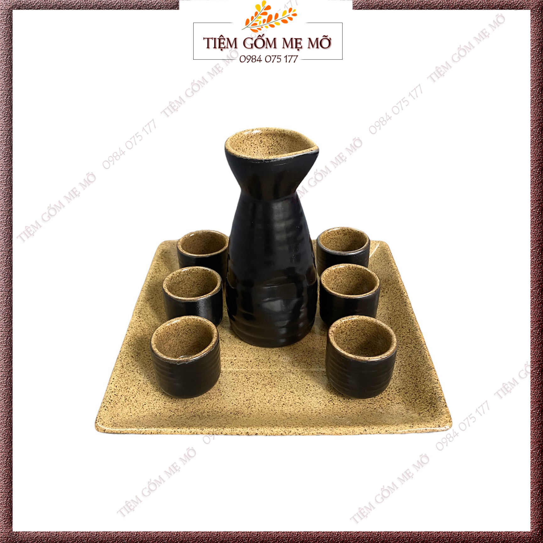 Bộ bình rượu sake phong cách Nhật Bản men đen gốm gốm sứ Bát Tràng