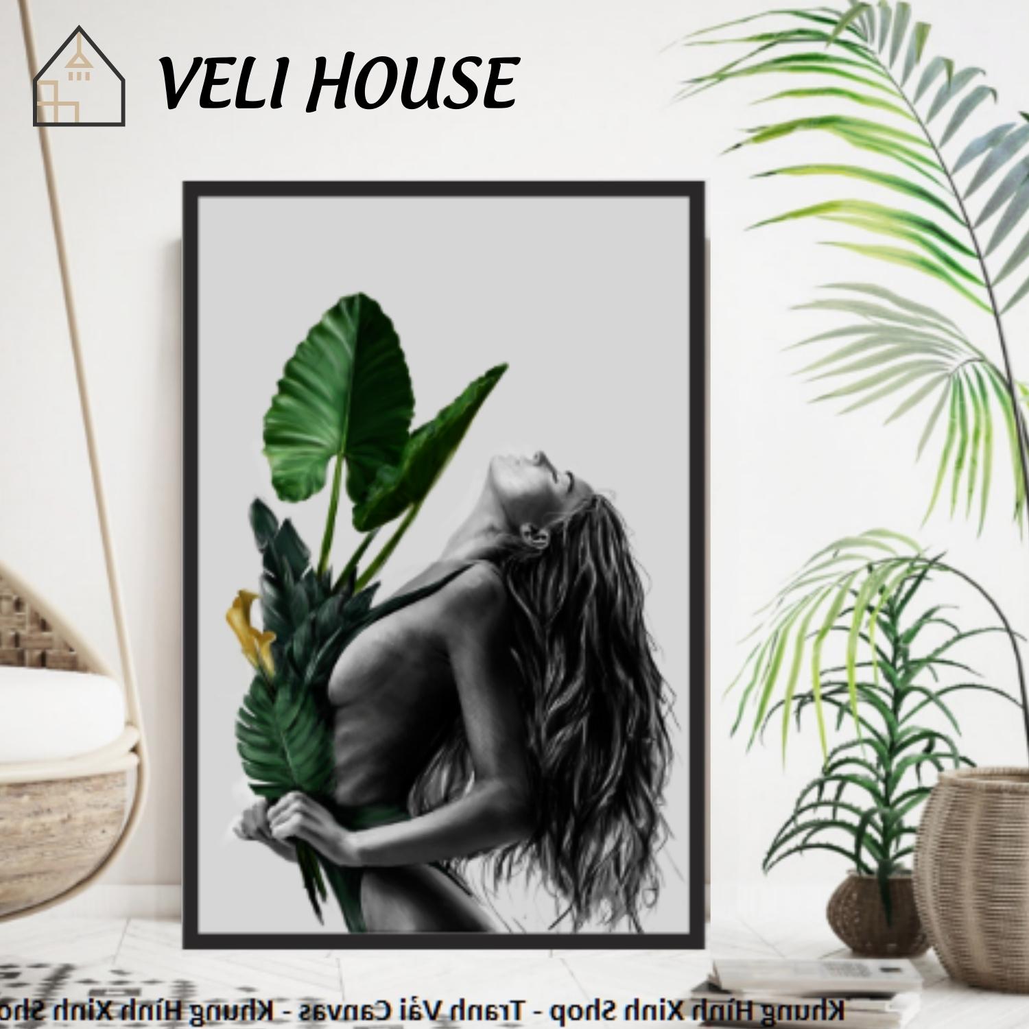 [ Size 40x60 cm ] Tranh vải canvas trang trí tường kcv204 - Cô gái & Lá - Kèm khung - Veli house