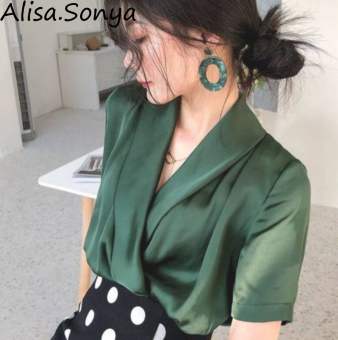 Alisa Sonya Áo Thun Sa Tanh Mềm Mùa Hè Phong Cách Pháp Áo Cánh Cổ Chữ V Tay Ngắn Thanh Lịch