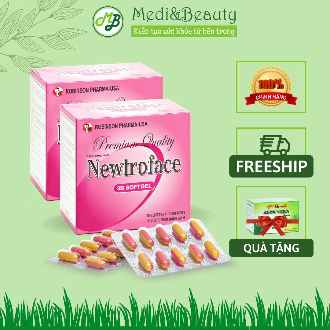 Combo 2 hộp NEWTROFACE nang mềm -hộp 100 viên- giúp tăng sức đề kháng,bổ sung vitamin B1,B6,B12 tặng 1 hộp đẹp da ALOE VERA green