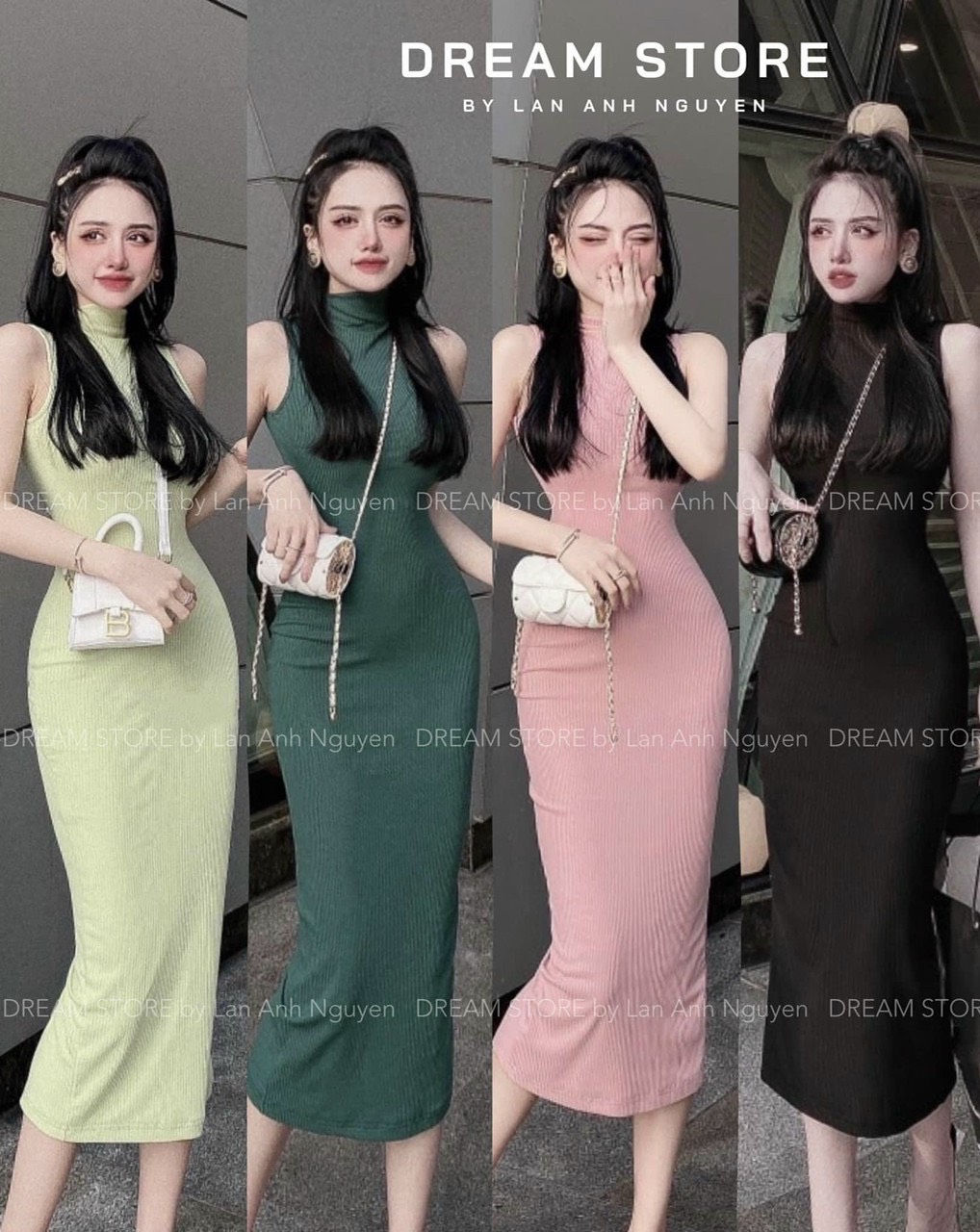 Đầm cổ lọ ba lỗ dáng dài thun gân đẹp mềm u