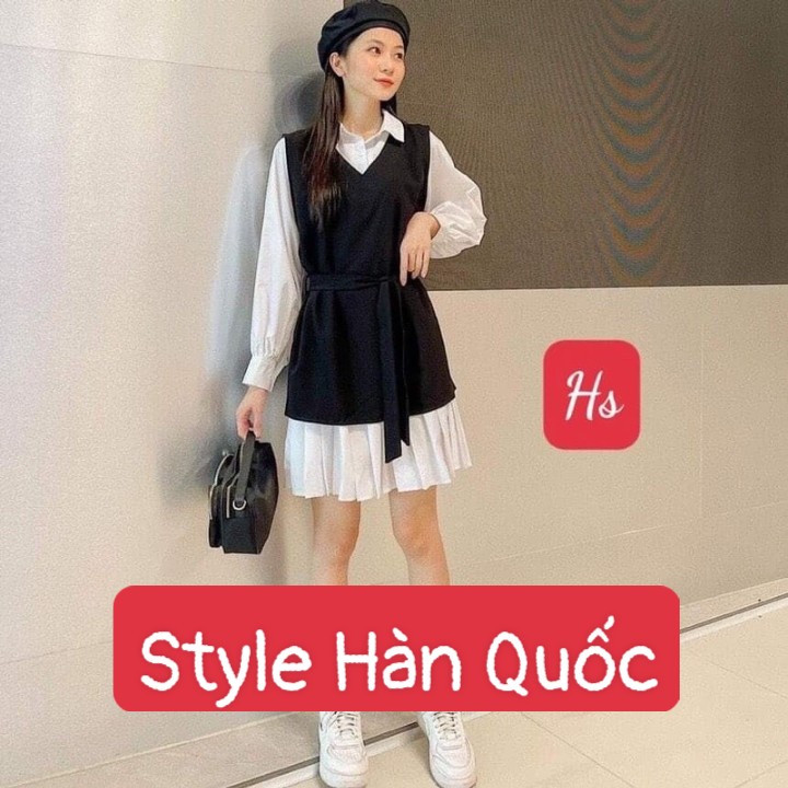 Sét váy 2 món, áo gile đen mix váy trắng style Hàn