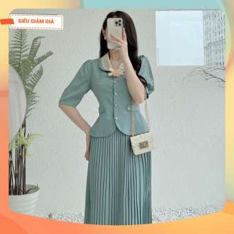 Set Váy Ký Giả Công Sở Xếp Ly Áo Cổ Đức Cài Nơ Hoa , Thiết Kế Tôn Dáng Váy Xếp Ly Sang Xịn Mịn, Bộ Đồ Công Sở