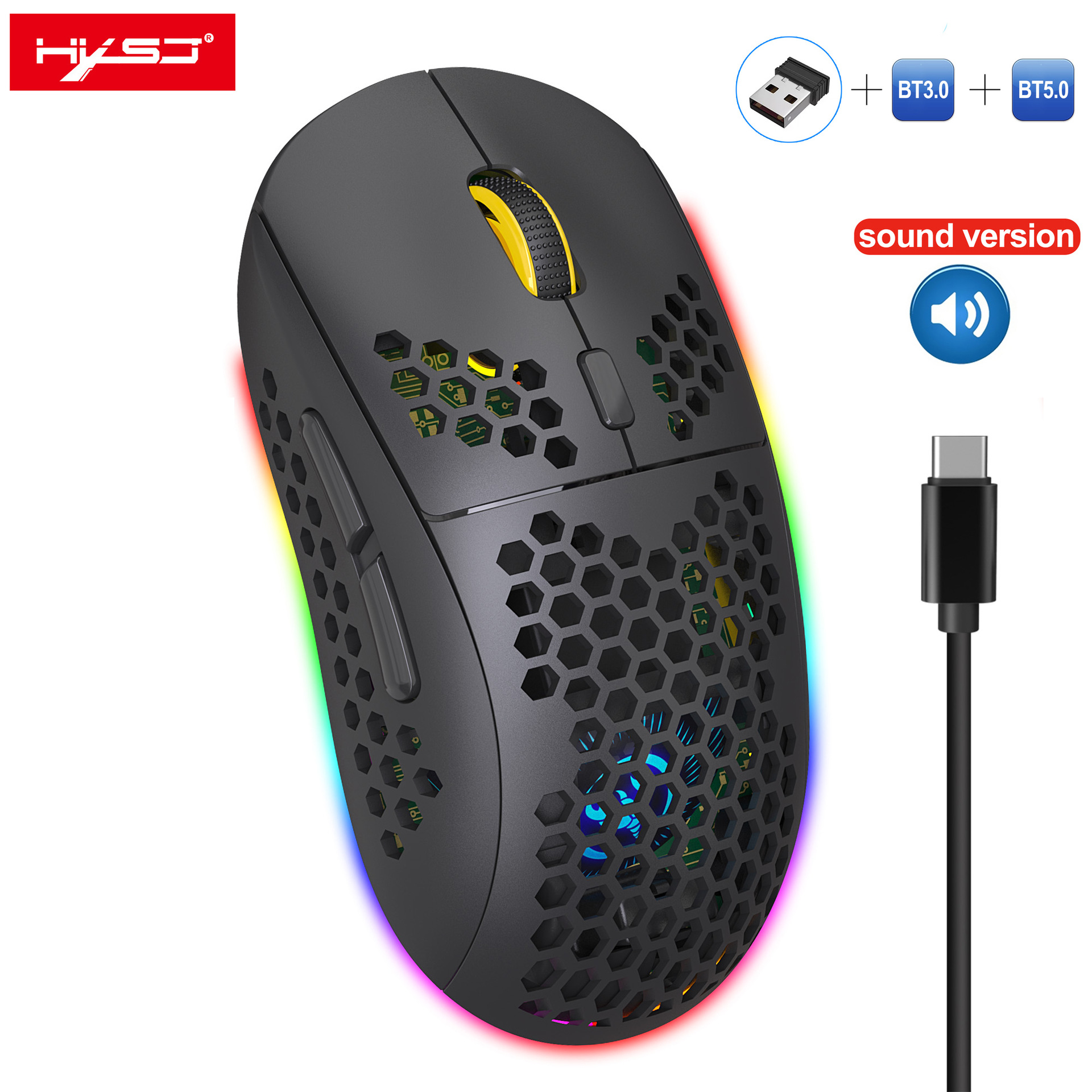 HXSJ Chuột Không Dây T90 Chuột RGB Không Dây Có Thể Sạc 3 Chế Độ BT 3.0 + 5.0 + 2.4G Chuột Bluetooth Cho Game Văn Phòng Với DPI Điều Chỉnh 5 Cấp Độ 800-1200-1600-3200