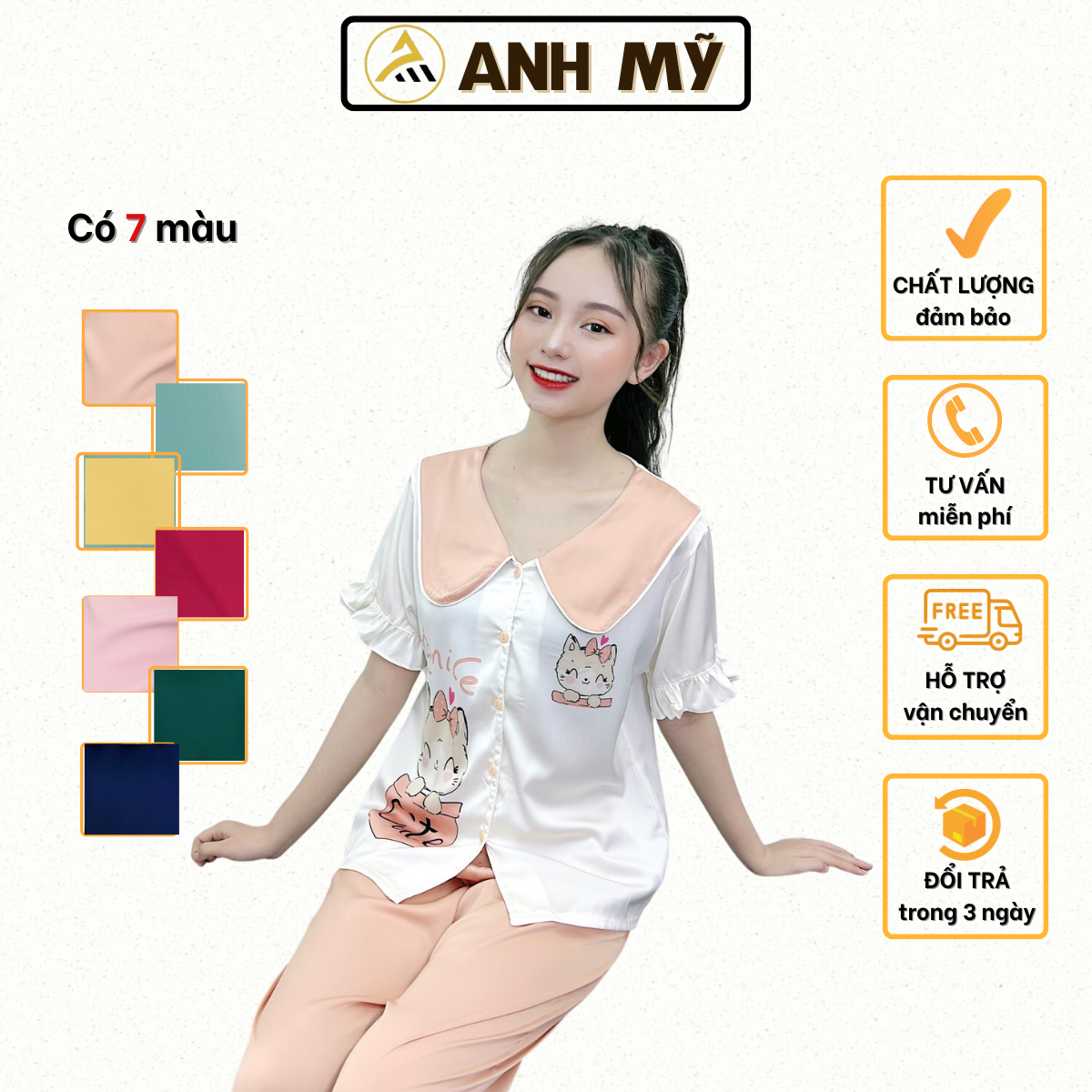 Đồ ngủ nữ pijama cổ bèo tiểu thư chất liệu lụa latin tay ngắn quần dài GIA MỸ A19