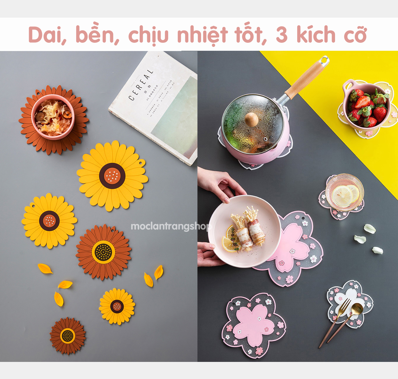 Miếng lót nồi, lót cốc chén bát đĩa chống trượt bằng nhựa dẻo cao cấp nhiều kích cỡ, hình hoa xinh xắn, cách nhiệt tốt