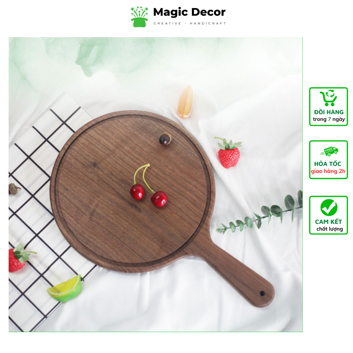 Khay gỗ decor đựng đồ ăn Pizza, trang trí D25cm Gỗ óc chó cao cấp