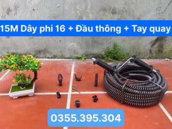 Dây thông cống 15M lò xo dùng tay quay ( 15M + 6đầu thông+ tay quay ), thông tắc cống, thông bồn cầu, bồn rửa bát,.