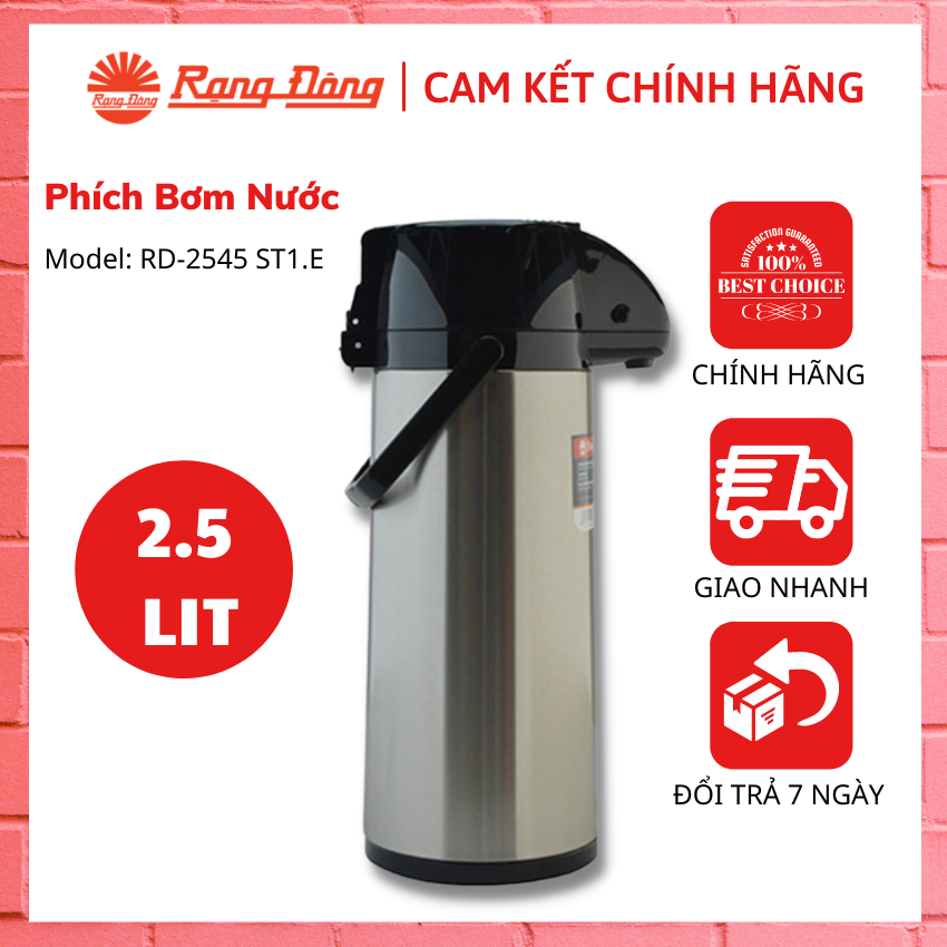 Phích bơm nước nóng giữ nhiệt 2.5 lit, bình thủy rạng đông rd-2545 st1.e– giữ nhiệt trong 12h – chính hãng